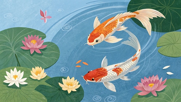 A vibrant oil painting depicting goldfish swimming among pink lotus flowers and lily pads in a serene pond setting. by moustafa elsayed