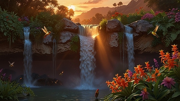 Sunset Waterfall with Hummingbirds: A vibrant sunset with a waterfall by moustafa elsayed