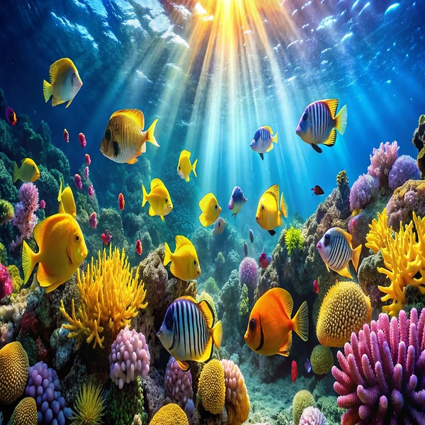 An underwater scene featuring vibrant fish swimming among a colorful coral reef showcasing marine biodiversity. by moustafa elsayed