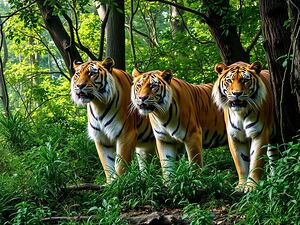 The group of lions and tigers in the forest are predatory animals