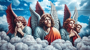 A classic art mural depicting angels with diverse features
