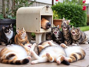 A Group of Cats Laughing at a Dog Stuck in a Mailbox