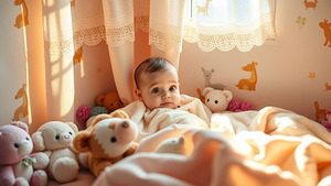 This beautiful child sleeps among his beloved friends