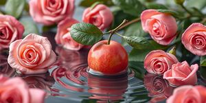 A picture of a plum fruit touching the water a sign of ripeness and sweetness in the middle of 3D roses.