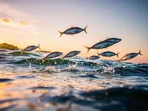 A Group of Flying Fish Jumping Above the Water’s Surface at Sunset