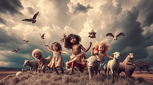 Children of diverse features and animals play in a 