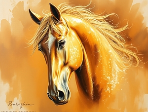 Oil painting luxurious sparkling horse warm golde