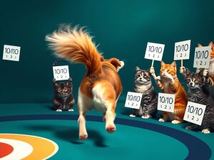  A Dog Chasing Its Tail While a Group of Cats Watches