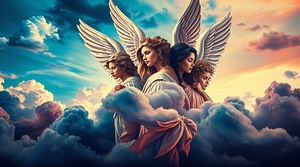 A classic art mural depicting angels with diverse features