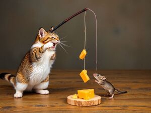 A Mouse Using a Fishing Rod to Dangle Cheese Just Out of a Cat’s Reach