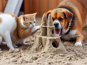 A Cat and a Dog Building a Sandcastle