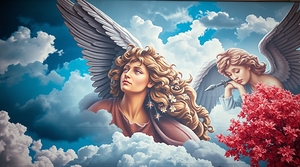 A classic art mural depicting angels with diverse features