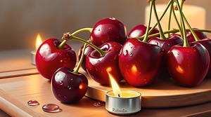 A painting of a bunch of dark red cherries with g
