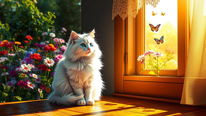 A beautiful little kitten looks at the butterflies as they fly