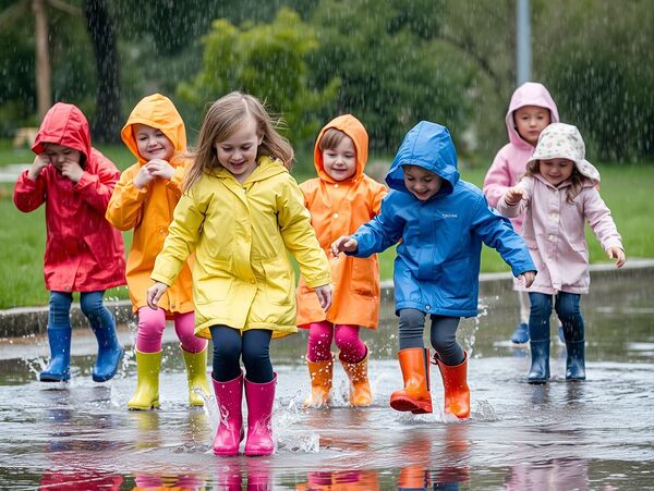 A Group of Children Playing in the Rain Jumping in Puddles Print