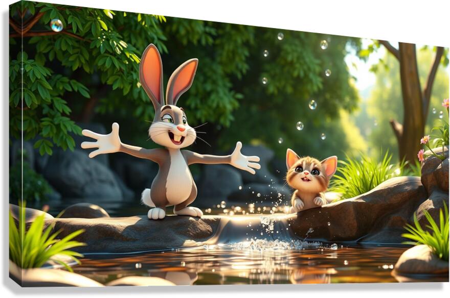 The rabbit teaches the kitten to swim Canvas Print