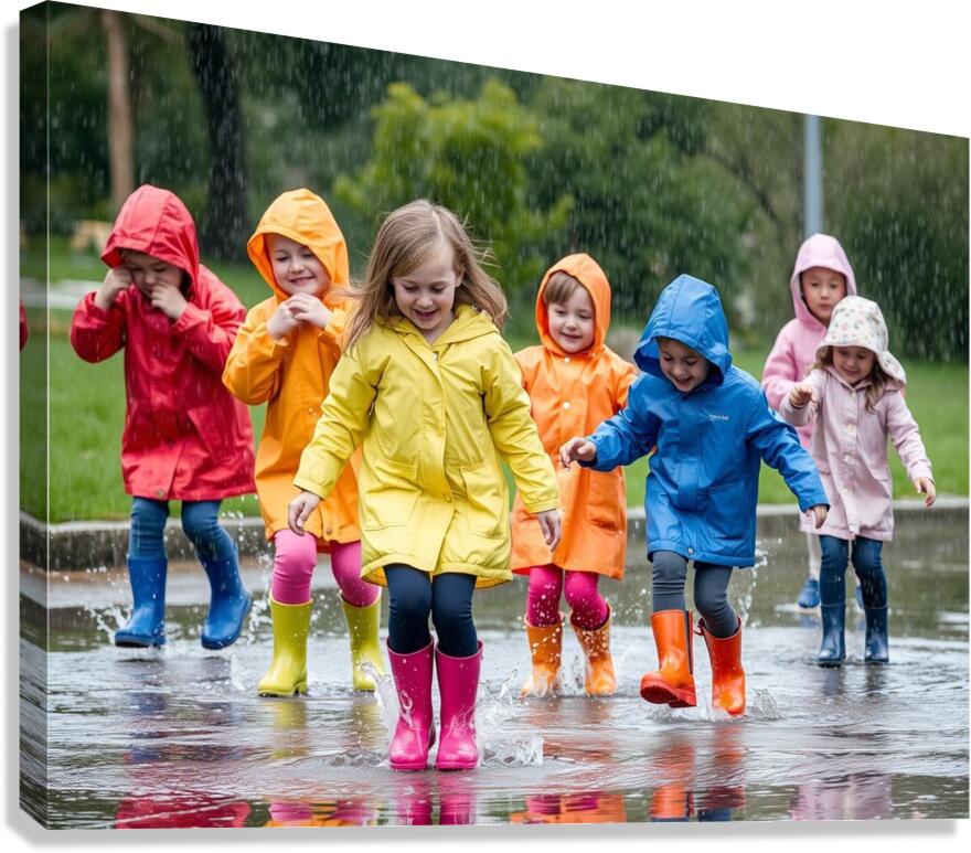 A Group of Children Playing in the Rain Jumping in Puddles Canvas Print