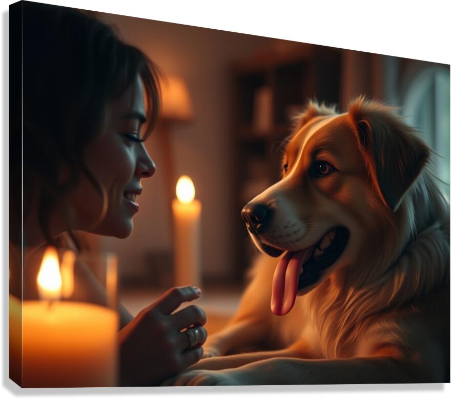 A cinematic still of a dog family scene with warm Canvas Print