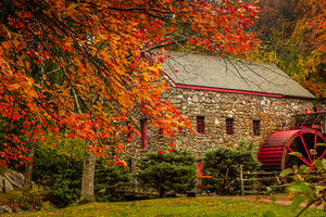 Red Waterwheel and Stonework Amid Fall Colors at Sudbury Grist M