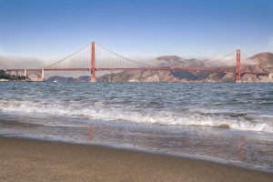 Golden Gate Bridge with waves