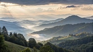 Dawn Over Misty Peaks: Enchanting Mountain Panorama