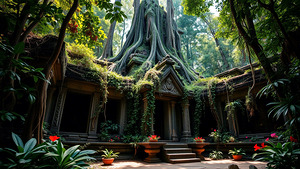 Encroaching Roots: Ancient Temple Sanctuary Wall Art