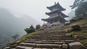 Mist-Veiled Sanctuary: Ancient Temple on Mountain Steps