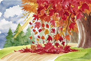Watercolor drawing of falling red leaves in autum 1722622860.8657