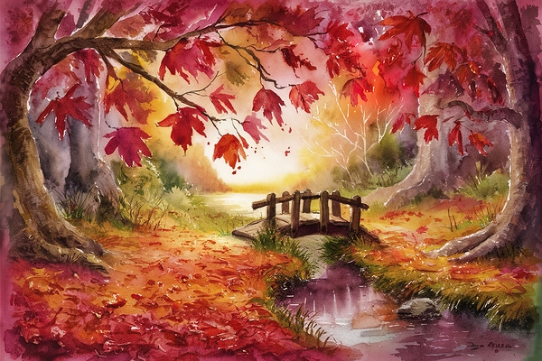 Watercolor drawing of falling red leaves in autum Print