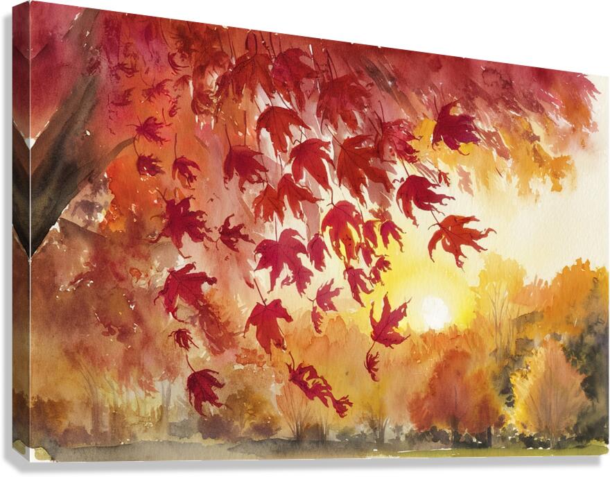 Watercolor drawing of falling red leaves in autum Canvas Print