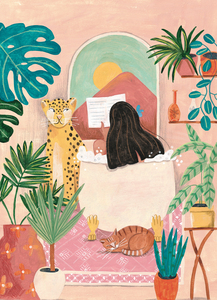 Woman taking bath in pink tropical bathroom