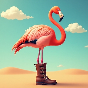 Flux Dev A vibrant pink flamingo stands on one le