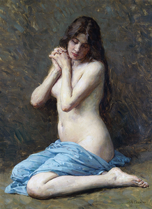 Seated Woman With Blue Drape Vintage Oil Painting