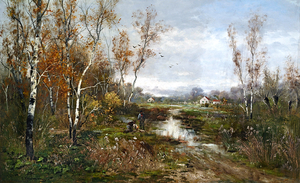 Autumnal Bog Landscape At A Birch Grove