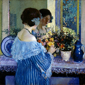 Girl in Blue Arranging Flowers Vintage Oil Painting