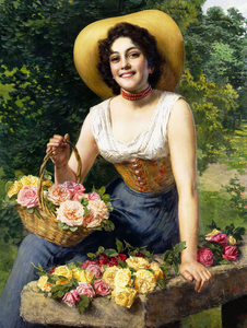 Beautiful Elegant Lady Holding A Basket Of Roses_OSG 