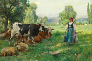 Vintage Art Farmgirl And Cattle