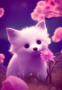 Cute White Purple Baby Fox With Pink Flowers