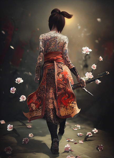 Fantasy Character Lady Full Body Tattooed Assasin Holding A Katana by One Simple Gallery
