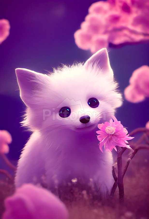 Cute White Purple Baby Fox With Pink Flowers by One Simple