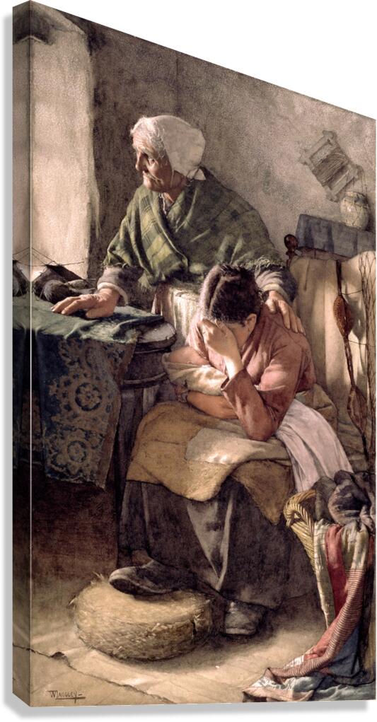 Sad Mother With Baby And Grandmother Vintage Oil Painting Canvas Print