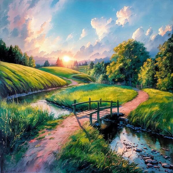 Rural wooden bridge landscape Print