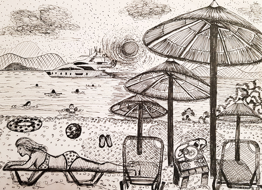 鉛筆画「The beach」　B5大サイズ ArtProgram - The beach - pen drawing by ArtProgram Wall Art