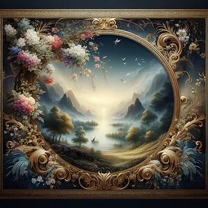 A Golden Frame Encompassing a Serene Landscape of Majestic Mountains Tranquil Waters and a Blossoming Floral Array Under the Gentle Kiss of Dawn. 1