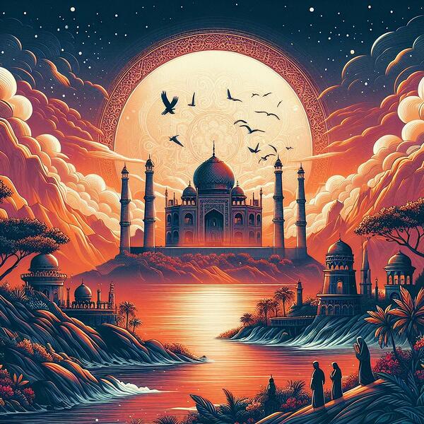 Mystical Sunset: A Majestic Palace Amidst Natures Beauty Print
