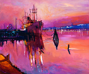 Dreamy Harbor at Dusk - Colorful Maritime Artwork