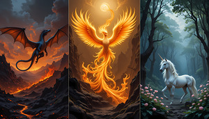 Fantasy Creatures Triptych - Mythical Beings Art