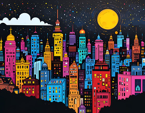 Vibrant Cityscape at Night - Colorful Urban Art