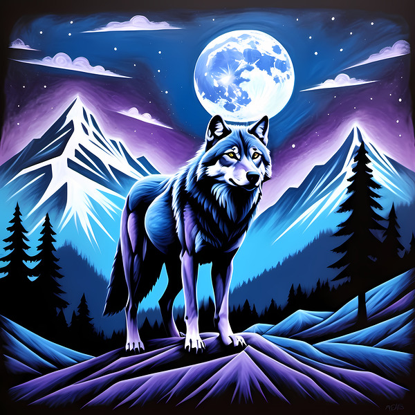 Majestic Wolf Under Moonlight - Vibrant Wildlife Art Print