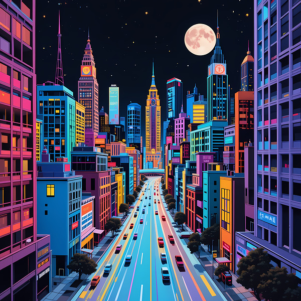 Dynamic Nighttime City View - Neon Urban Art Print